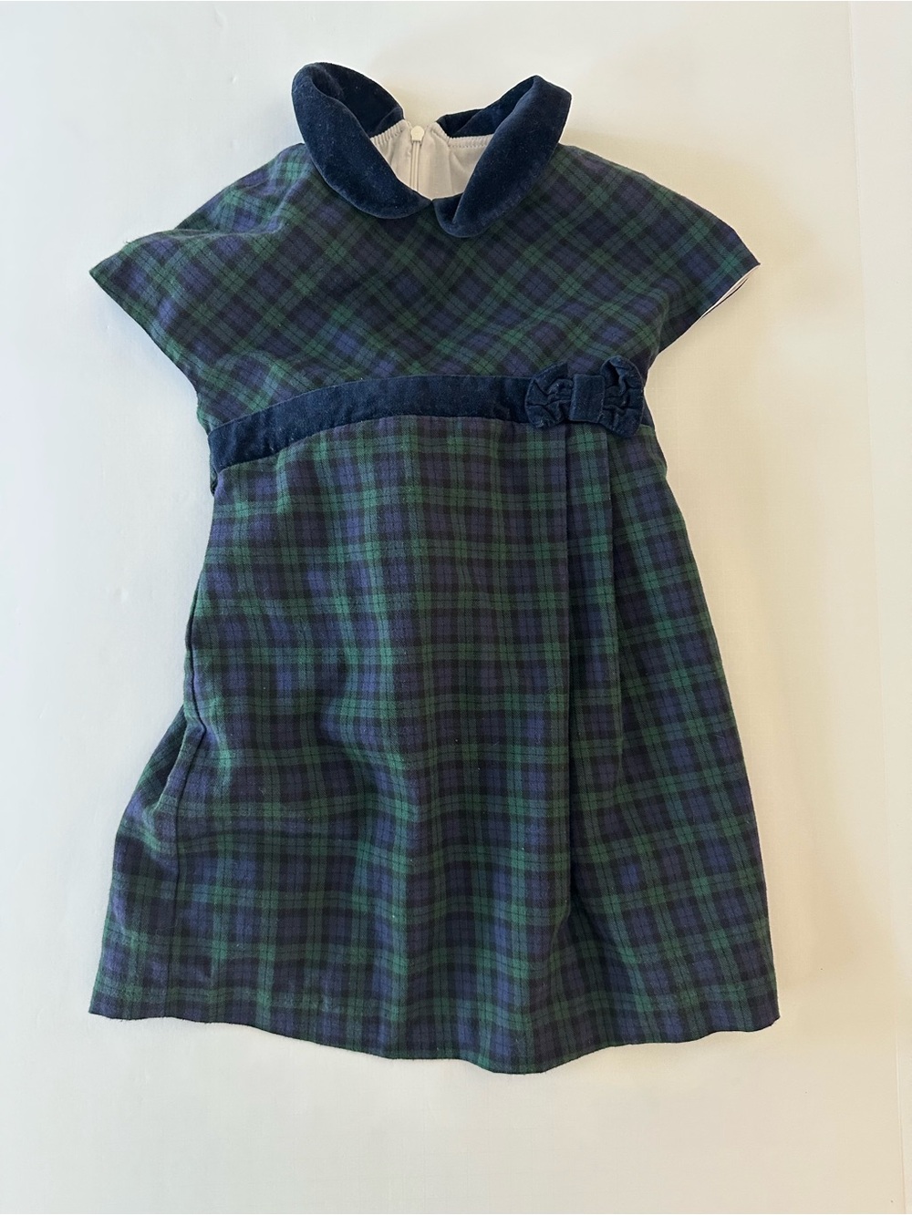 Anavini Hand Smocked Girls Blue and Green Tartan Dress Size 5Y Velvet Bow Detail